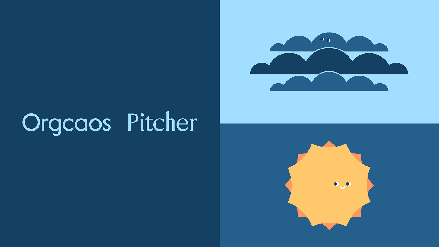 Illustrated image with a split design. Left side has the text "Orcaos Pitcher" on a dark blue background. Right side shows cute blue clouds with eyes on light blue above and a smiling sun with eyes on dark blue below.