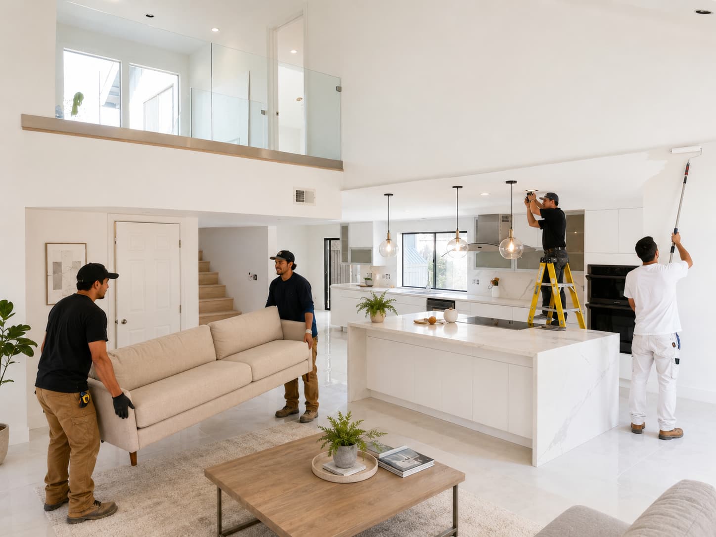 Modern kitchen with vaulted ceiling, wood beams, open shelving, and round dining table