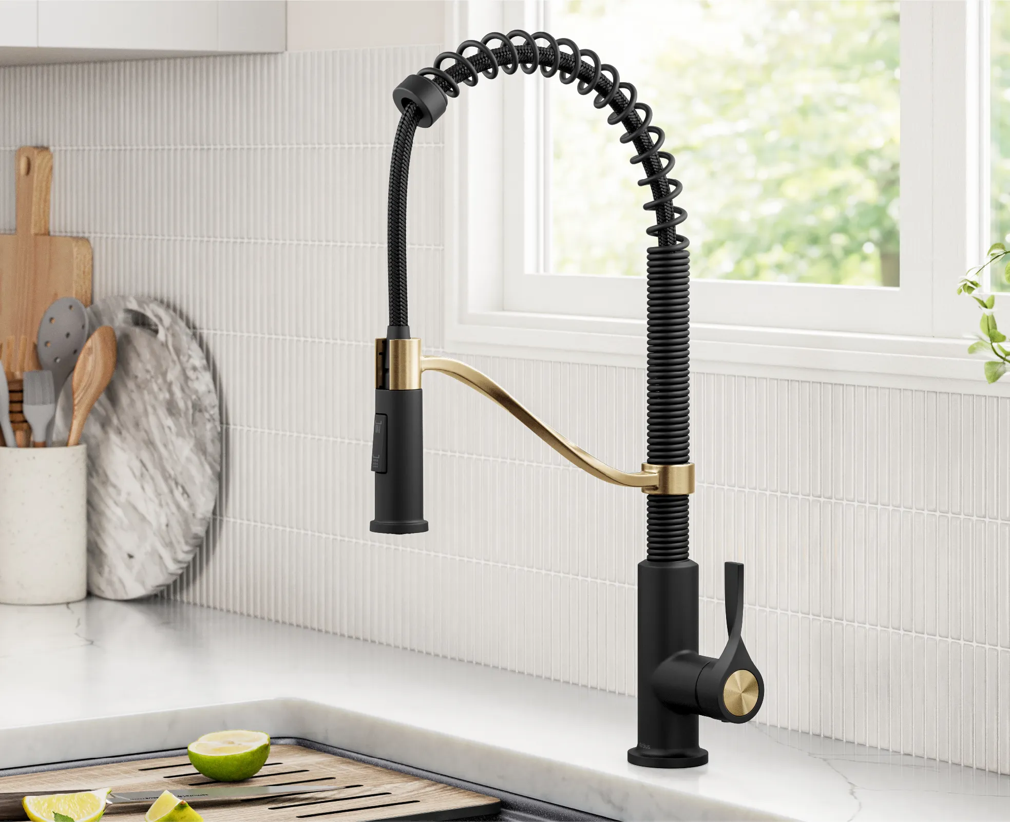 Black spring-style kitchen faucet over a sink