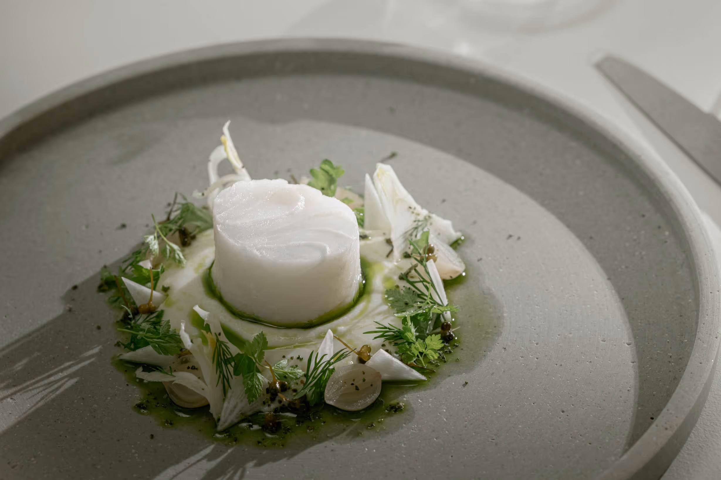 White fish medallion with herbs and pickled vegetables on a green sauce.