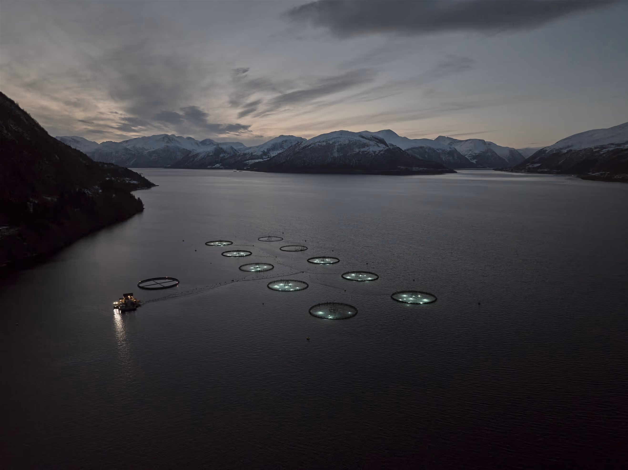 Drone shot of sea farm in Norway