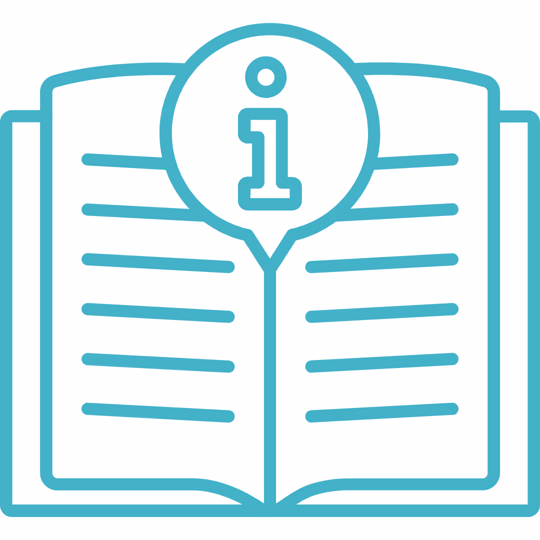 Guidebook icon, open book with an I symbol.