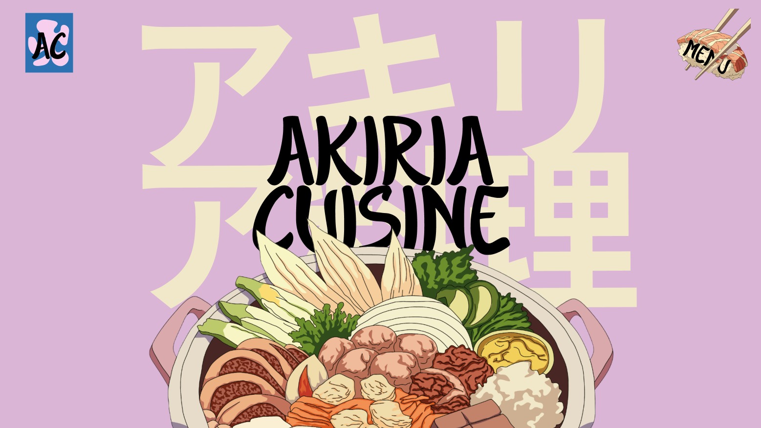 Akiria Cuisine hero section featuring authentic Japanese dining with a hot pot illustration, fresh vegetables, and bold restaurant branding.