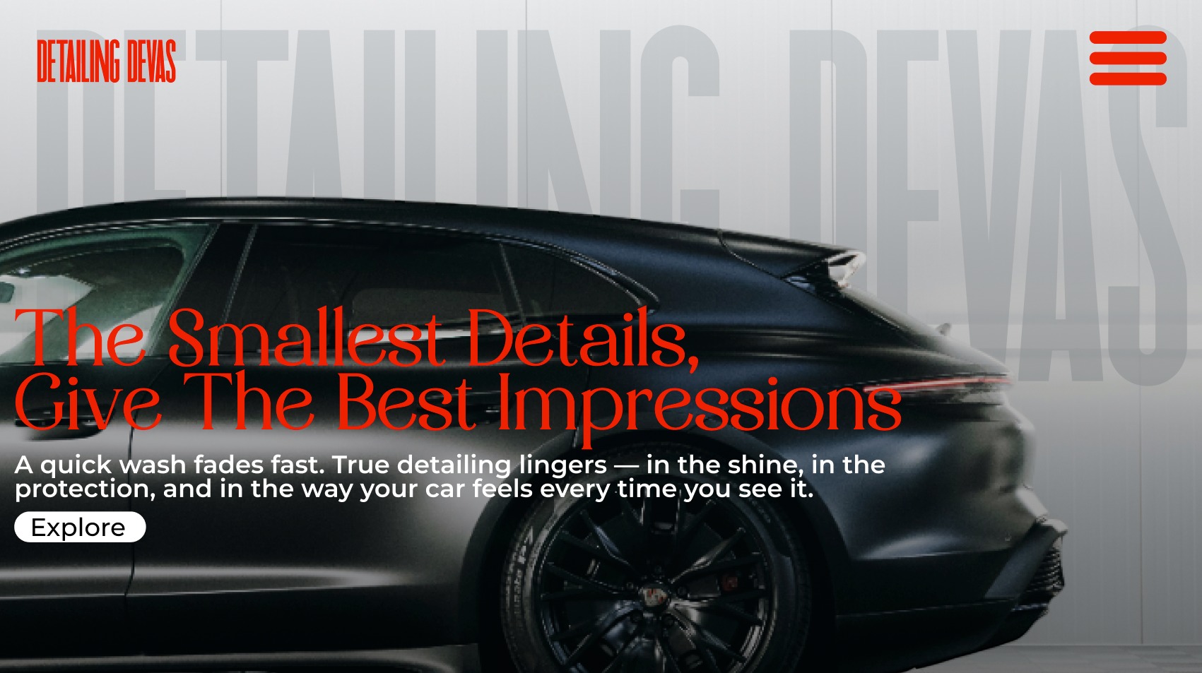 Detailing Devas hero section featuring premium car detailing services with a sleek black vehicle, highlighting expert polishing, protection, and long-lasting shine.