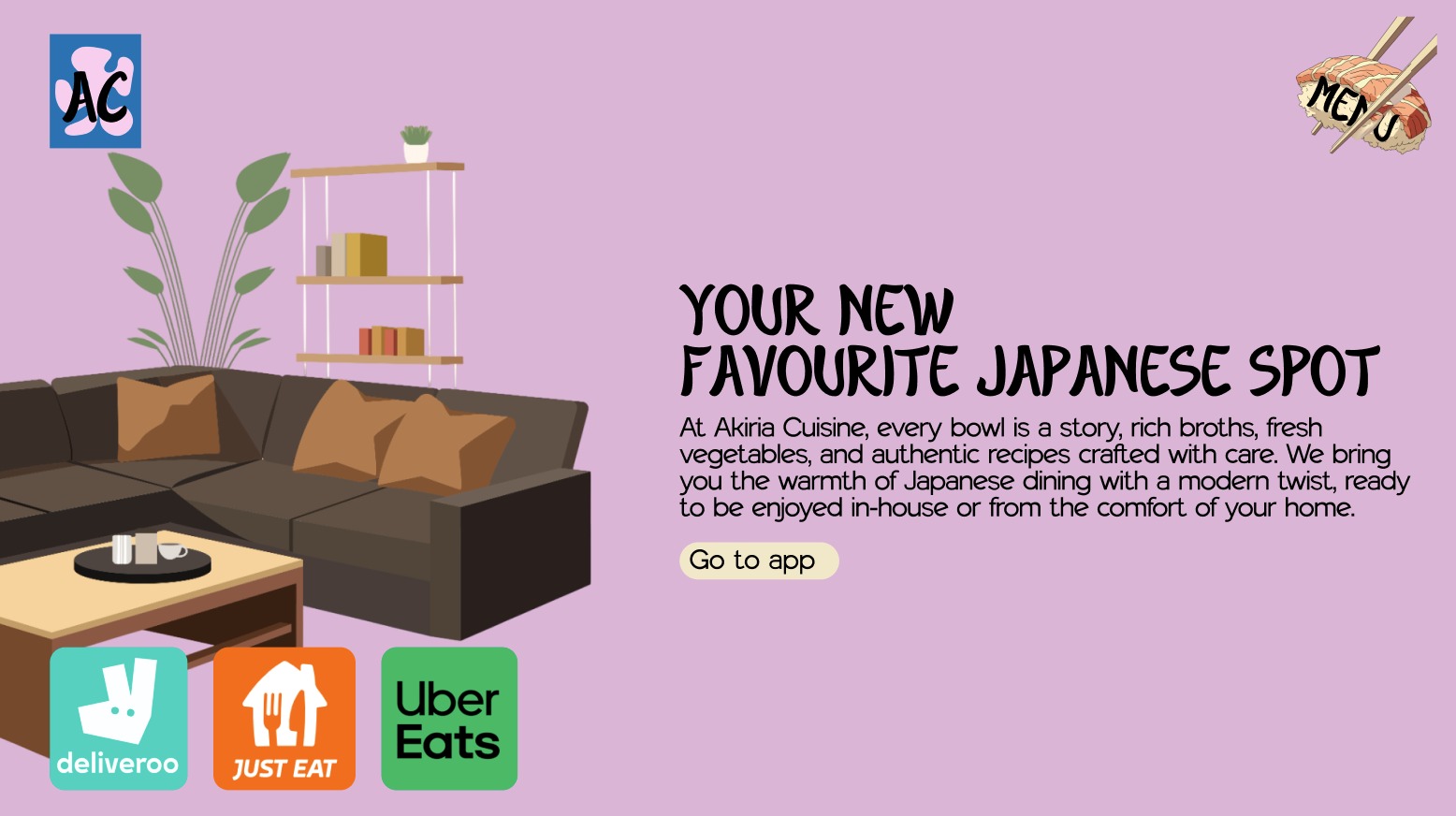 Akiria Cuisine website mockup highlighting a cozy Japanese dining experience with warm interiors, authentic recipes, and delivery options via Deliveroo, Just Eat, and Uber Eats.