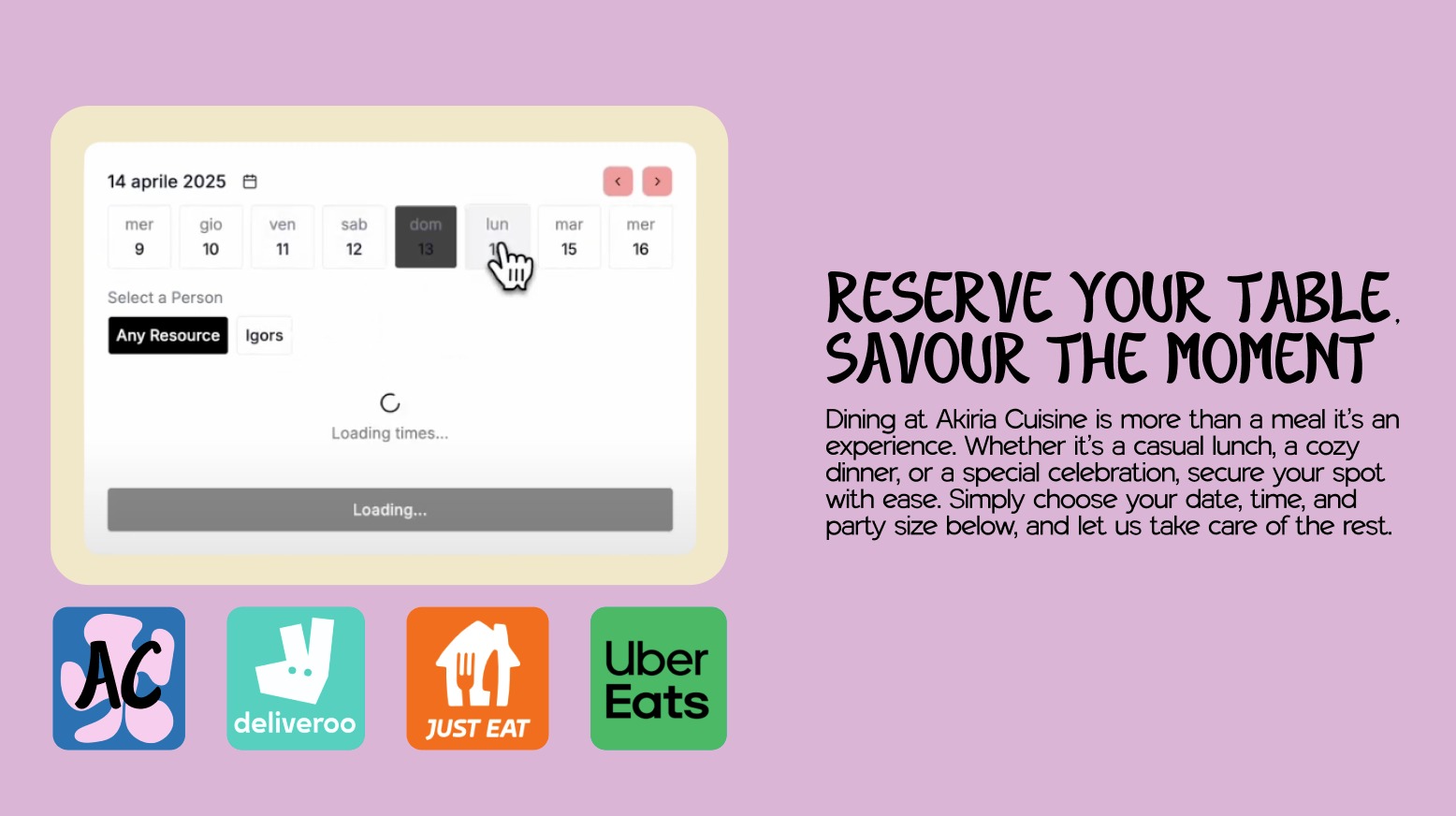 Akiria Cuisine website mockup showing an online restaurant booking system. Customers can reserve tables for lunch, dinner, or celebrations with ease, highlighting the modern dining experience.