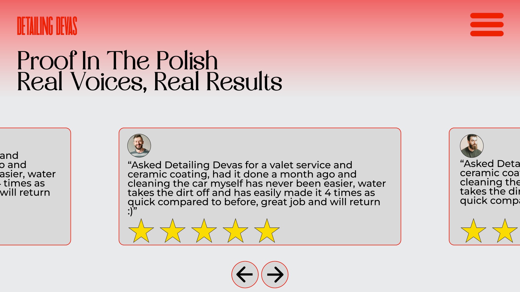 Website mockup of a car detailing business testimonial slider. Example of modern web design featuring customer reviews, star ratings, and user-friendly layouts to showcase trust and results.