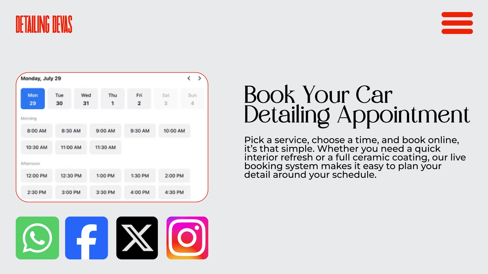 Website mockup showing an online booking system for a car detailing business. Example of user-friendly web design with calendar scheduling integration and modern branding.