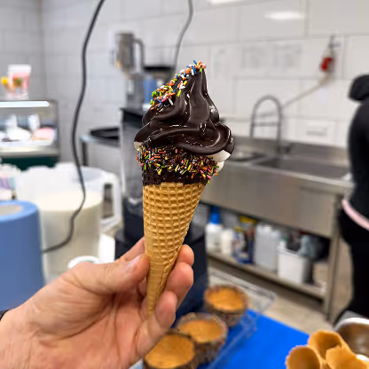 Selbst zubereitetes Softeis in Waffeltüte mit dicker Schokoladenglasur und bunten Streuseln