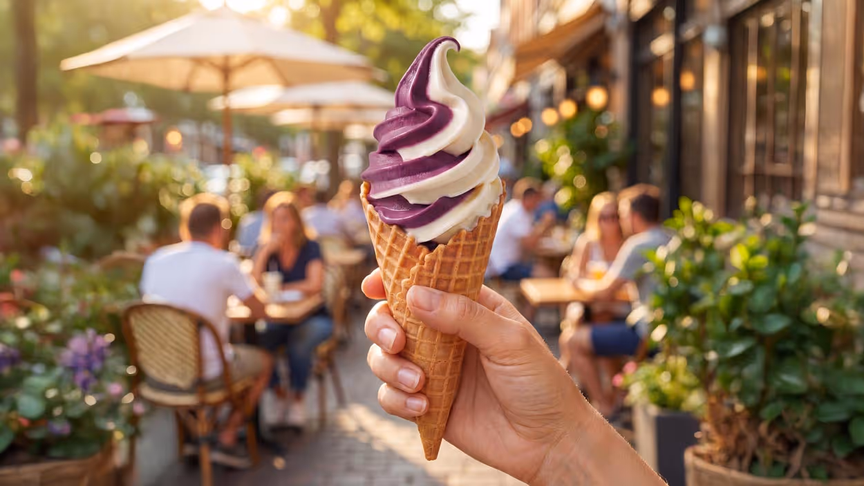 Foto eines Softeis in der Waffel mit der Sorte Açai