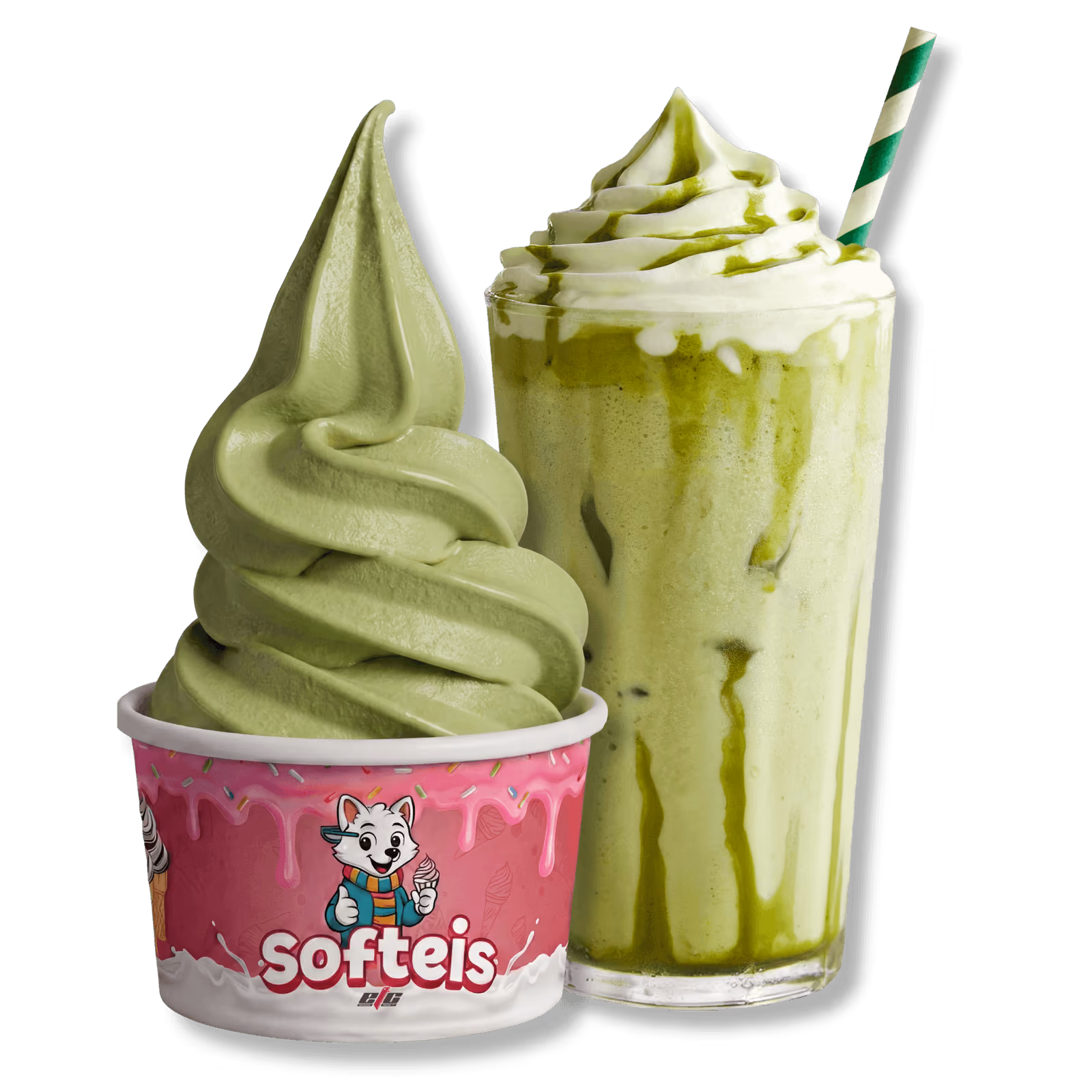 Matcha-Softeis und Matcha-Getränk als Serviervorschläge