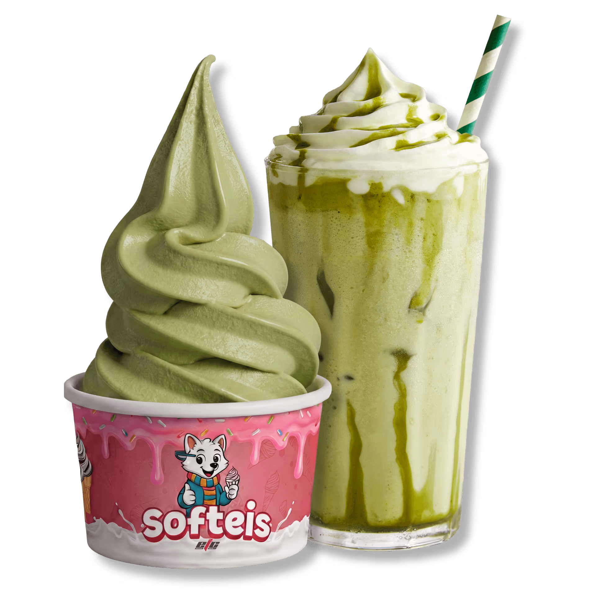 Matcha-Variationen: Matcha-Softeis und Matcha Frappé im Glas