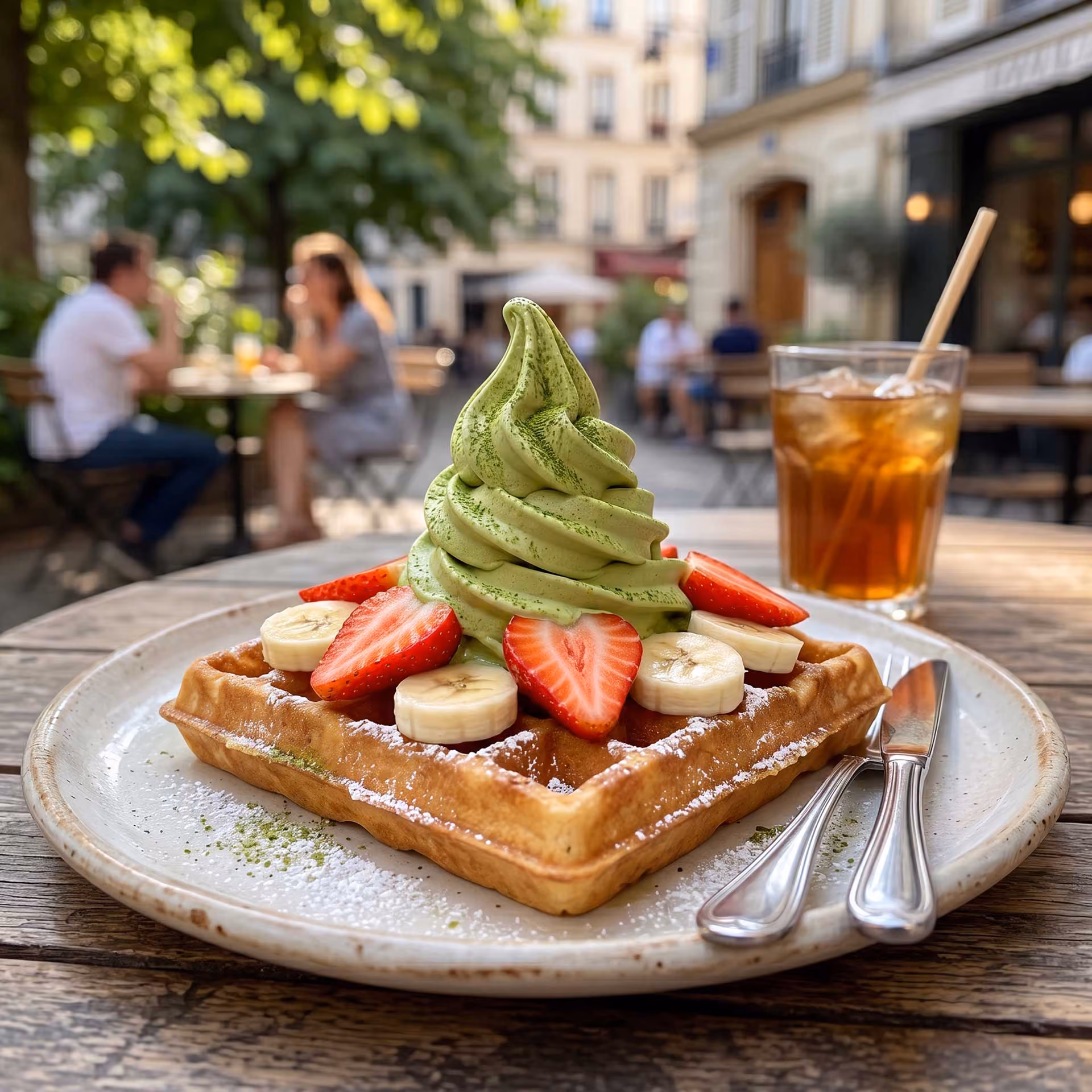 Foto einer im Café servierten frischen Waffel mit Obst und Matcha-Softeis darauf