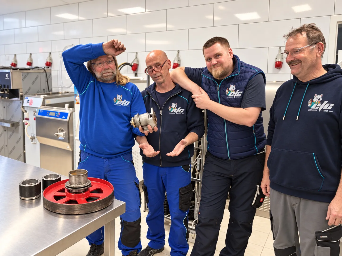Vier Mitarbeiter des Eistechnikcenter-Serviceteams in der Werkstatt mit Eismaschinen und Bauteilen