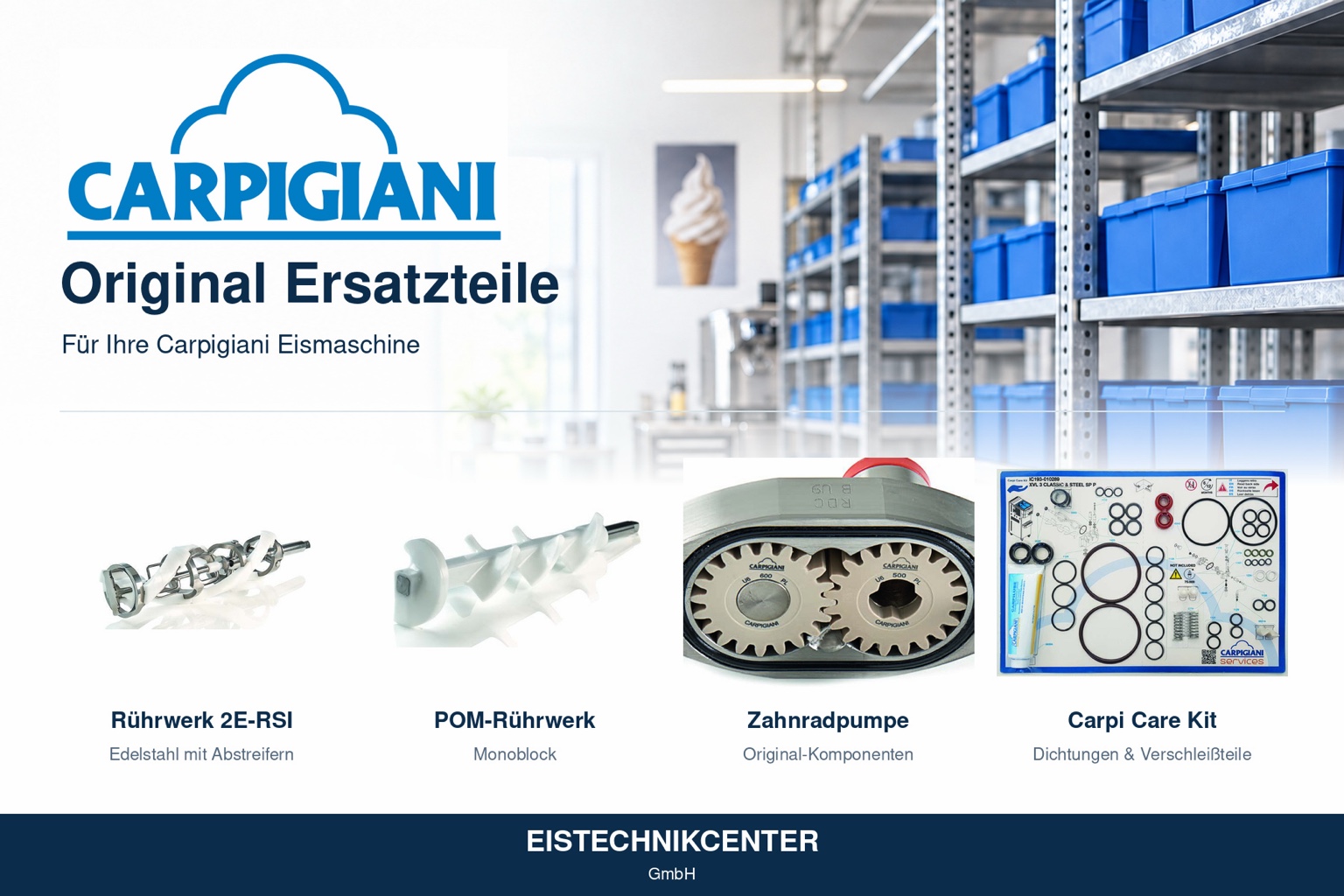 Carpigiani Original-Ersatzteile beim Eistechnikcenter: Edelstahl- und POM-Rührwerk, Zahnradpumpe und Carpi Care Kit mit Dichtungen und Verschleißteilen