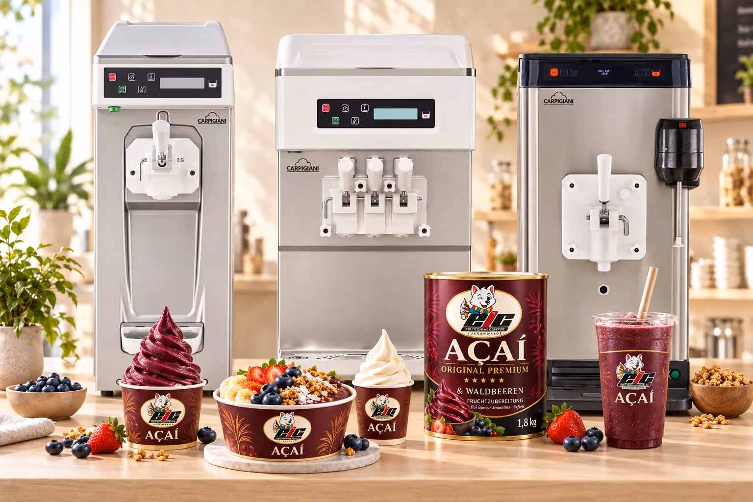 Carpigiani 161 T G SP, 243 T SP und 161 K SP mit Açaí-Hausmarkendose, Bowl und Softeis auf einer hellen Holztheke