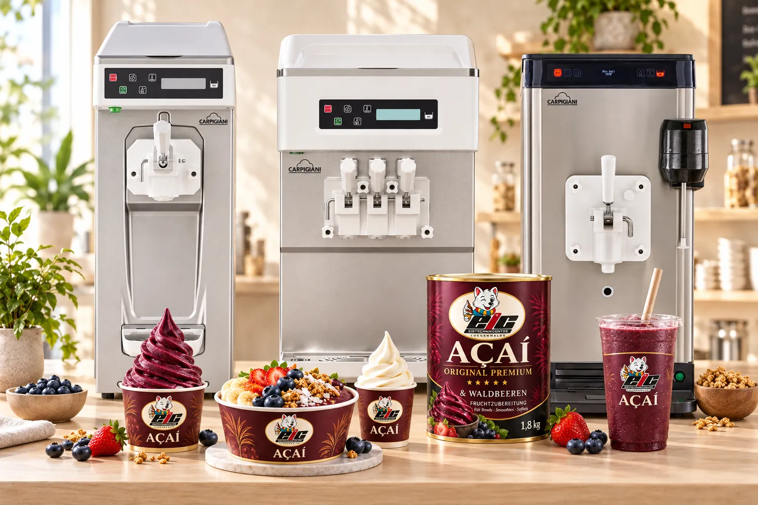 Carpigiani 161 T G SP, 243 T SP und 161 K SP mit Açaí-Hausmarkendose, Bowl und Softeis auf einer hellen Holztheke