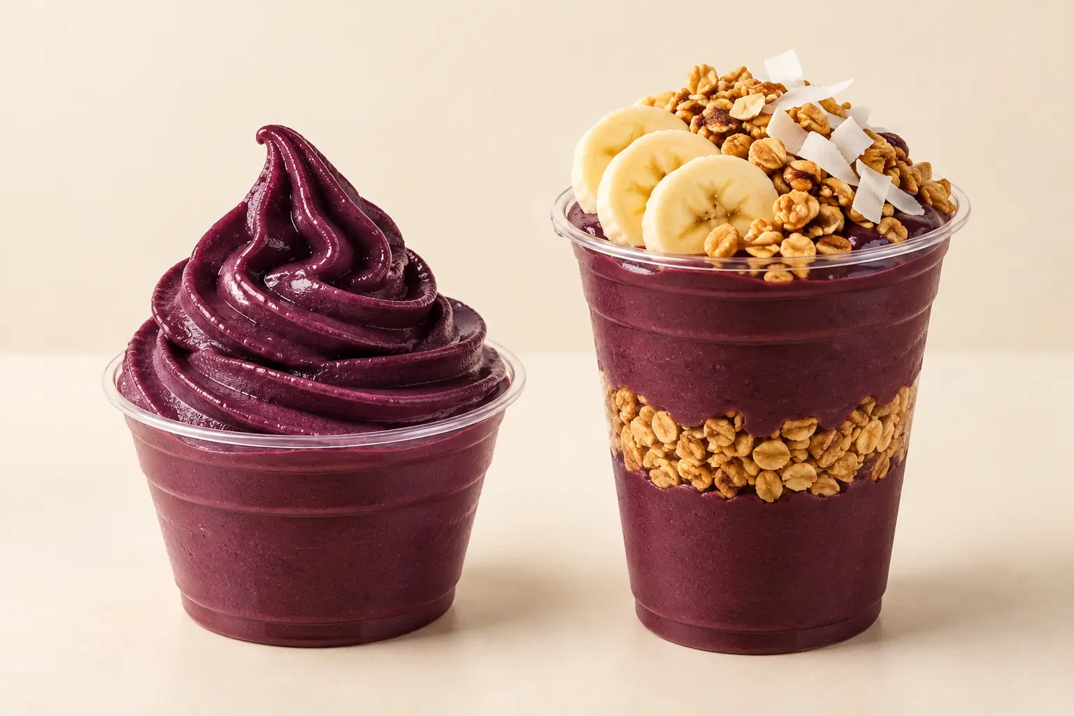 Açaí soft serve and açaí in a granola cup with banana and coconut – serving suggestion