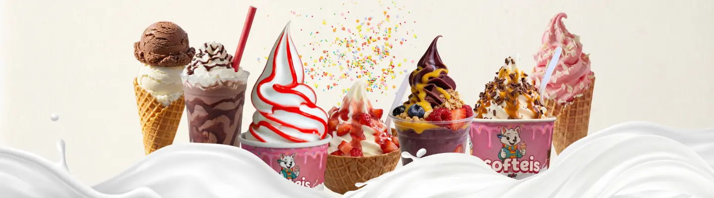 Speiseeis, Softeis und Milchshake mit Toppings