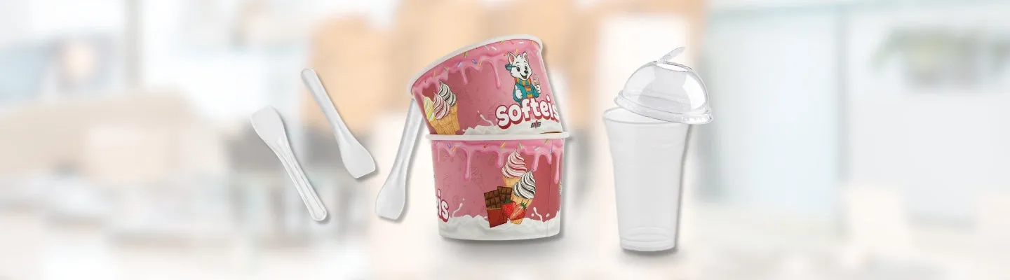 ETC-Eisbecher, Eislöffel und Getränkebecher mit Domdeckel für To Go