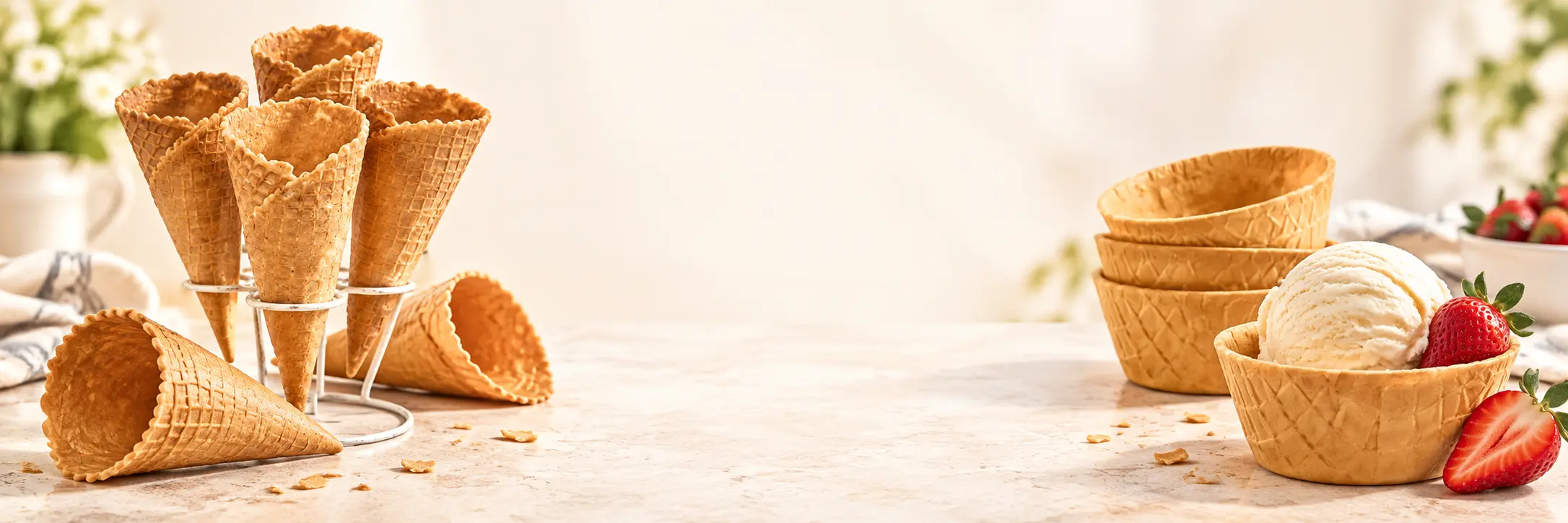 Eiswaffelhörnchen und Greta-Waffelschalen mit Vanilleeis