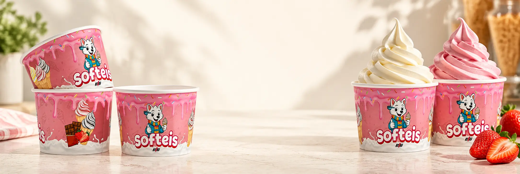 Bedruckte ETC-Eisbecher mit Wolf-Maskottchen und Softeis