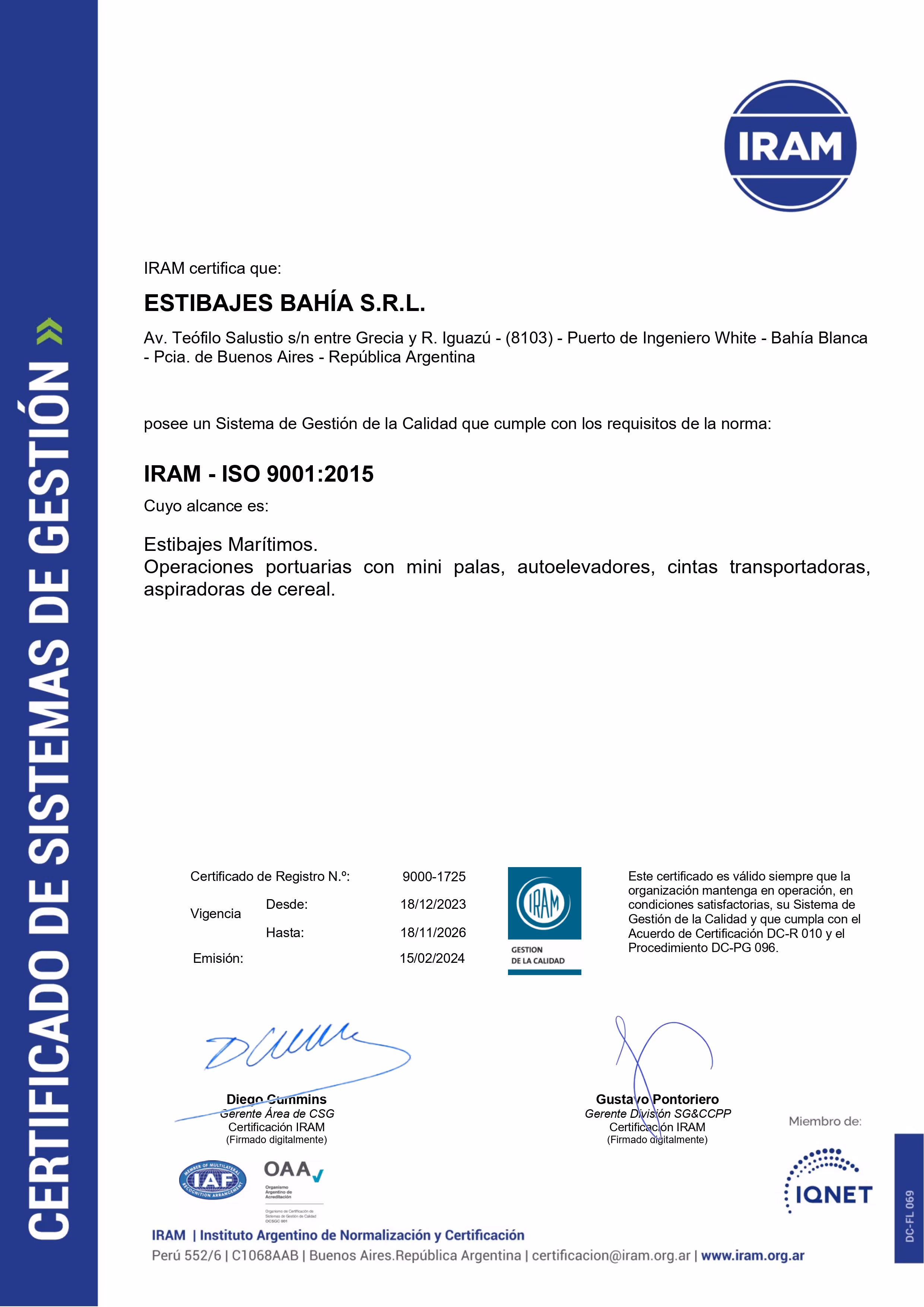Certificado ISO 9001 2024 - Estibajes Bahia