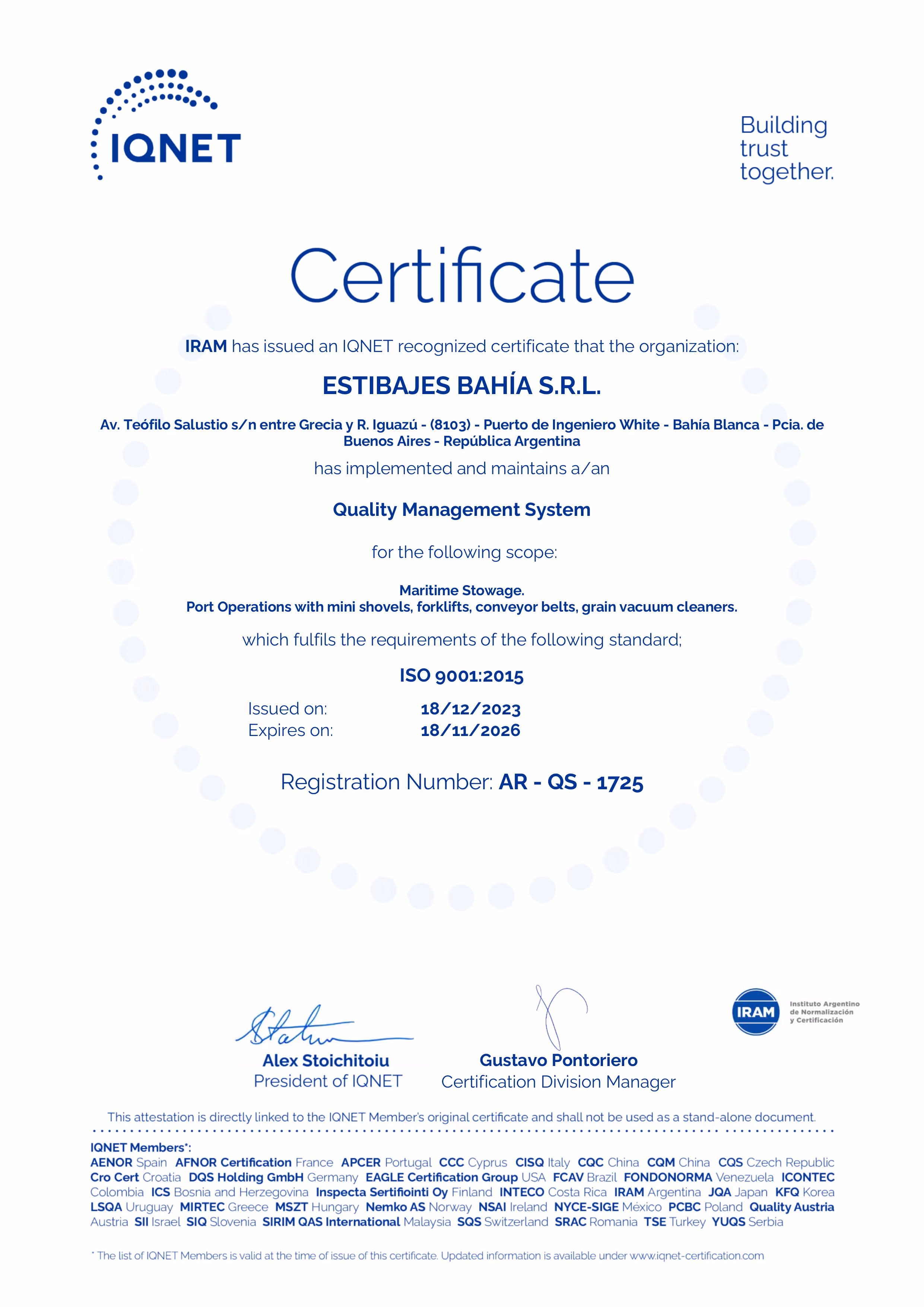 Certificado IQNET 2024 - Estibajes Bahía