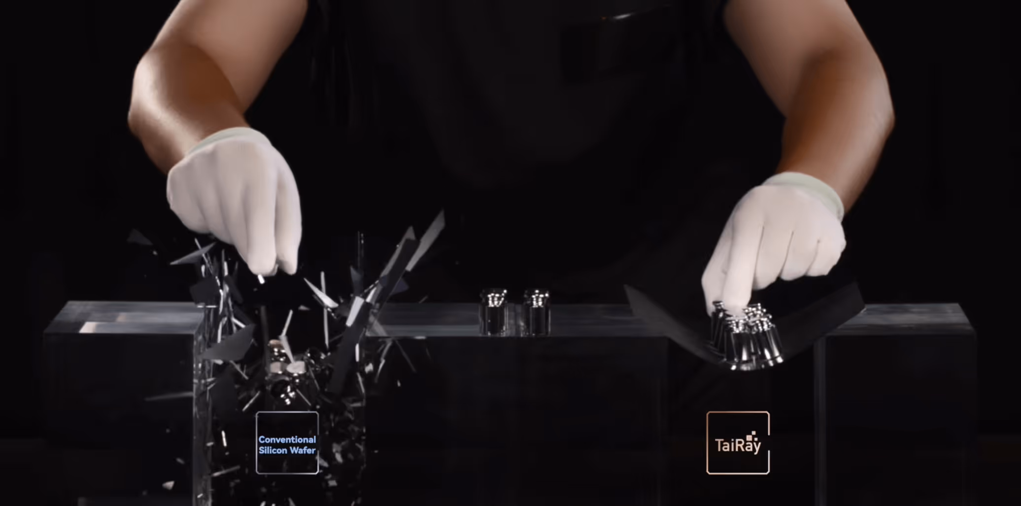 Visual highlighting the new M11 rectangular TaiRay wafer, designed to be thicker and more resilient, offering 16% greater mechanical stress resistance and reduced impurities for improved efficiency and durability