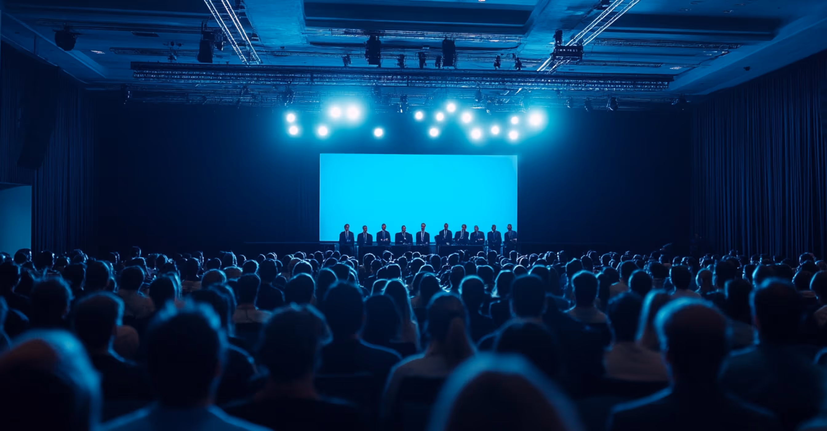 Large conference audience in a darkened hall facing a brightly lit stage