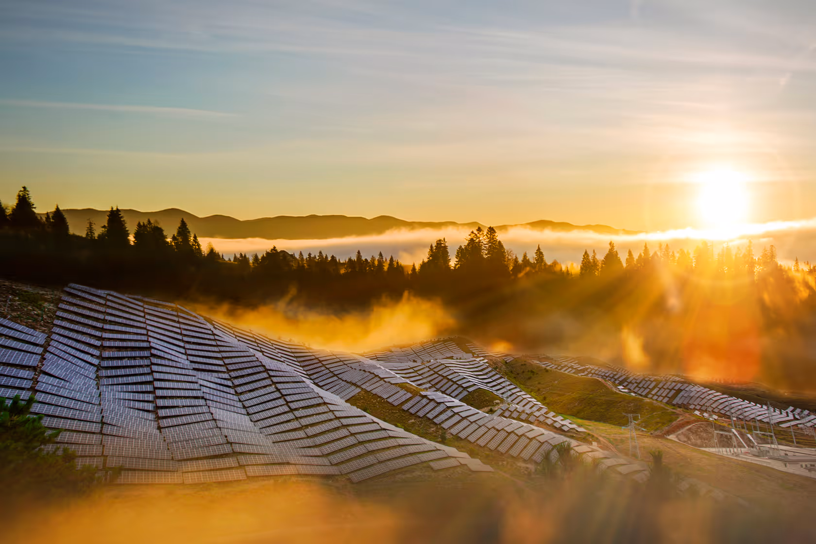 LONGi Hi-MO 9 solar installation on hilly terrain at sunrise, showcasing utility-scale energy generation