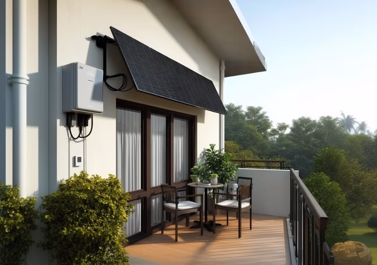 Modern balcony with a small LONGi solar panel mounted above a seating area surrounded by greenery