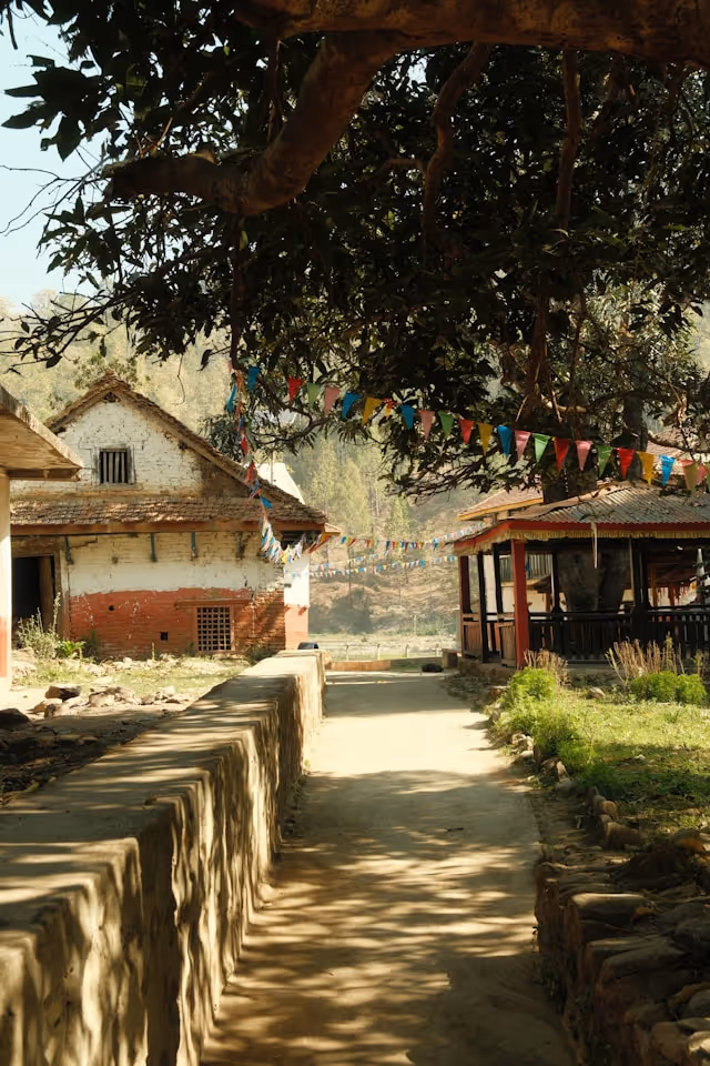 A sunlit path leading into a rural village with colourful bunting, representing the off-grid communities where LONGi partners with international organizations like UNHCR to deploy solar systems, bringing reliable electricity to schools and local facilities.