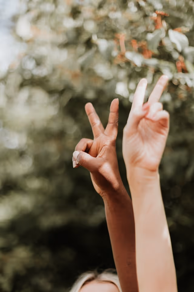 Two raised hands of different skin tones making peace signs, representing LONGi's commitment to protecting human rights, diversity, and ethical labor practices across its primary supply chain through structured due diligence.