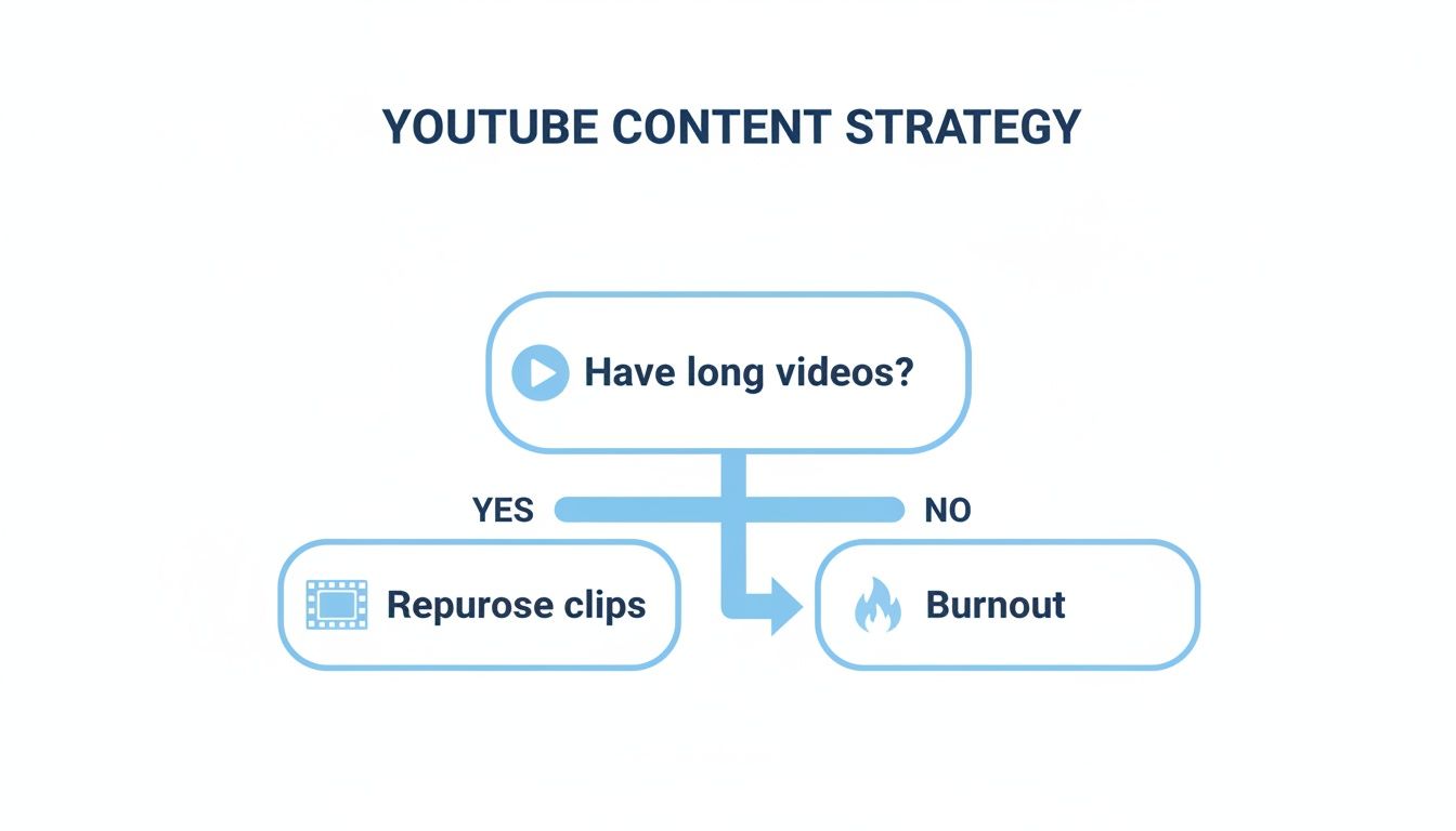 YouTube content strategy flowchart: long videos allow repurposing clips, while no long videos lead to burnout.