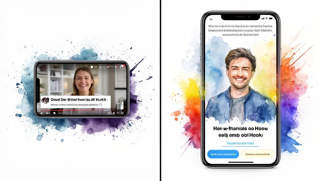 Two smartphones display a smiling woman on a video call and a watercolor portrait of a man, surrounded by colorful splatters.