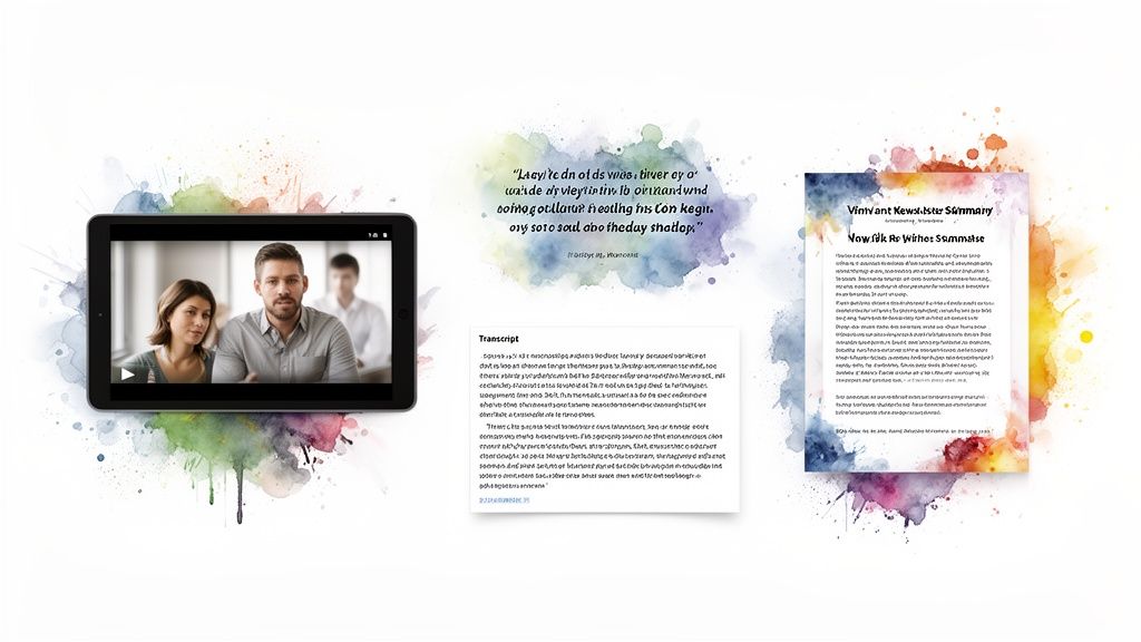 Digital tools showcasing video, transcript, and content summary on a vibrant watercolor background.