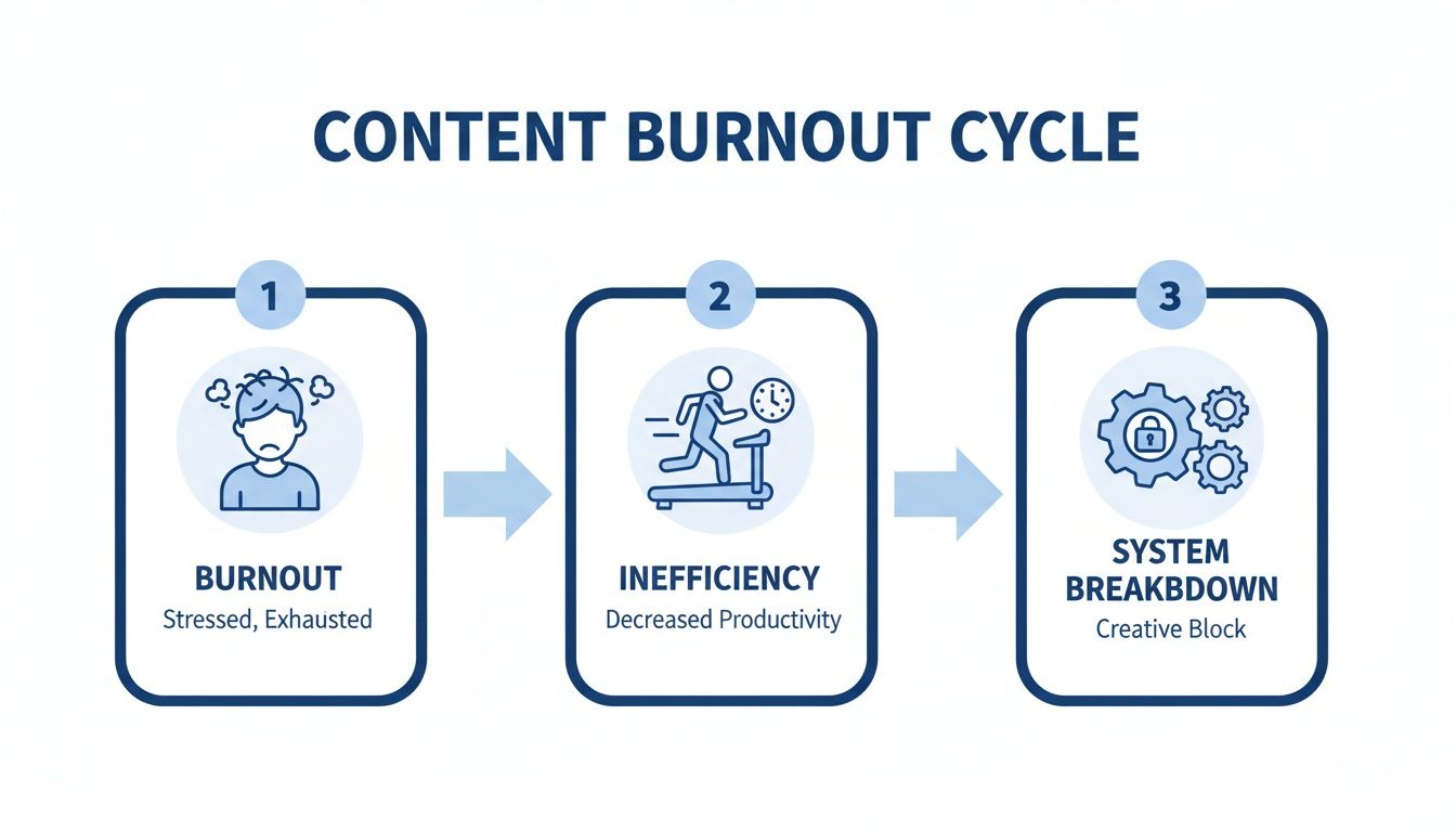 A visual cycle demonstrating content burnout, leading to an inefficient and creative system breakdown.