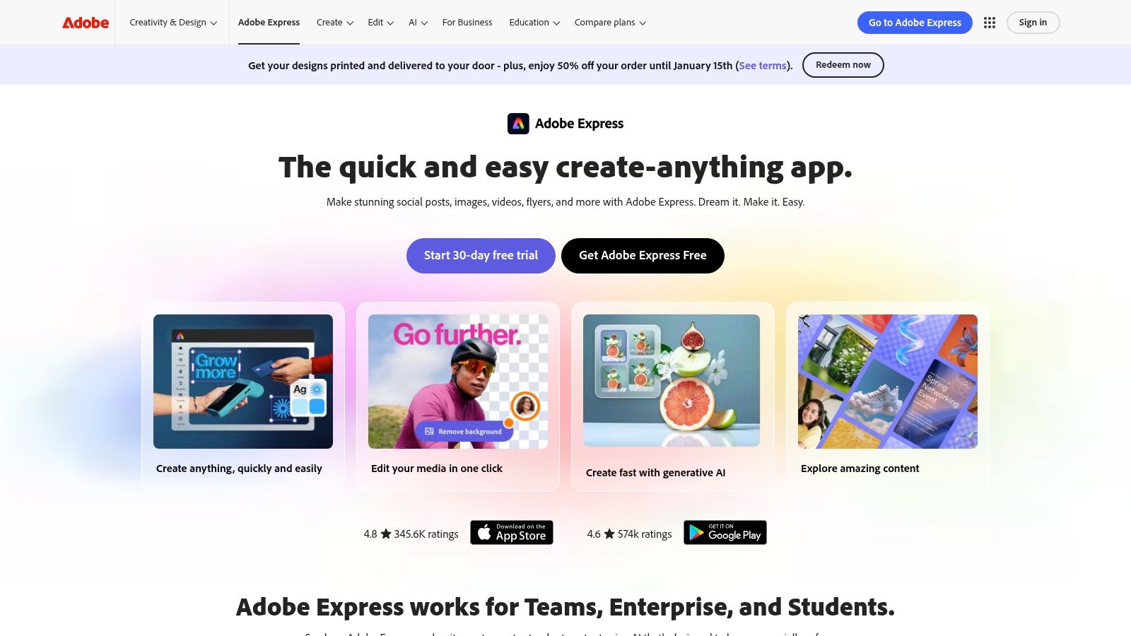 Adobe Express interface showing templates and design tools for social media content creation