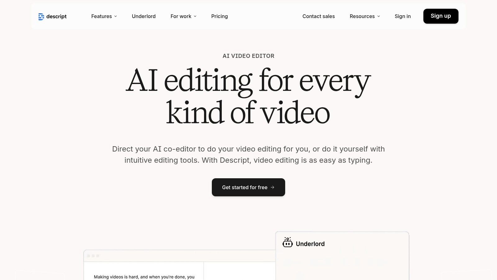 Descript's text-based video editing interface showing transcript and video timeline synchronization