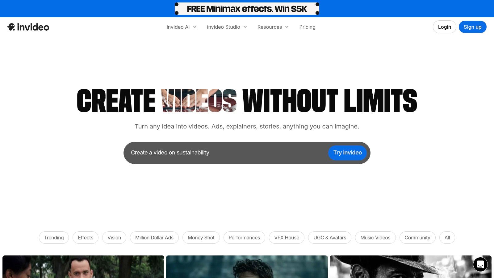 InVideo AI video creation and editing interface showing templates and media options