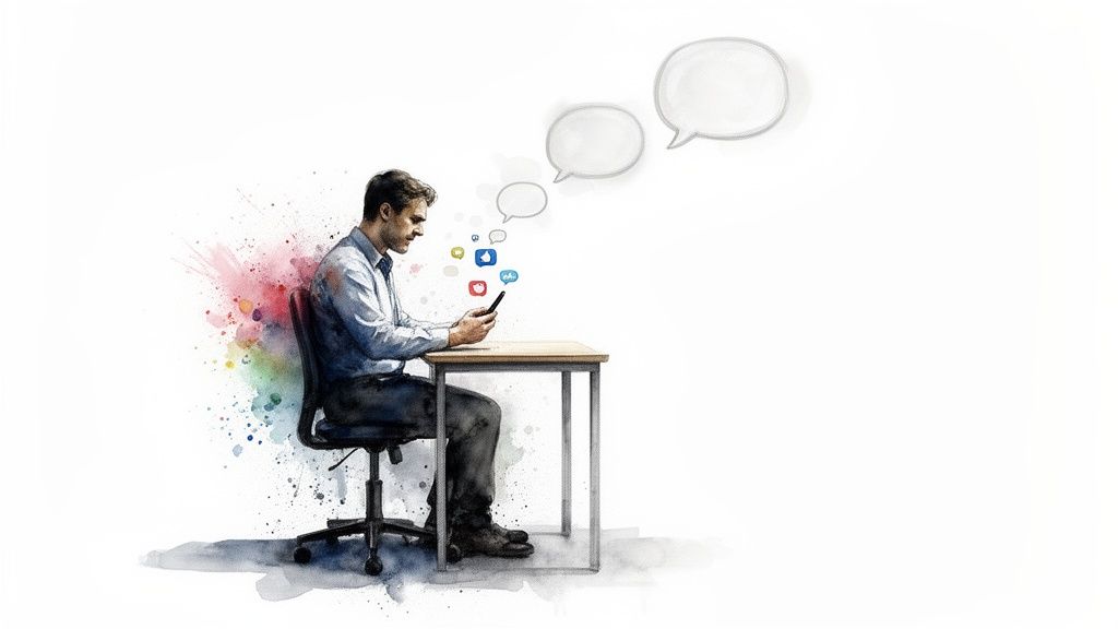 A man using his phone for social media content creation at a desk with colorful effects.