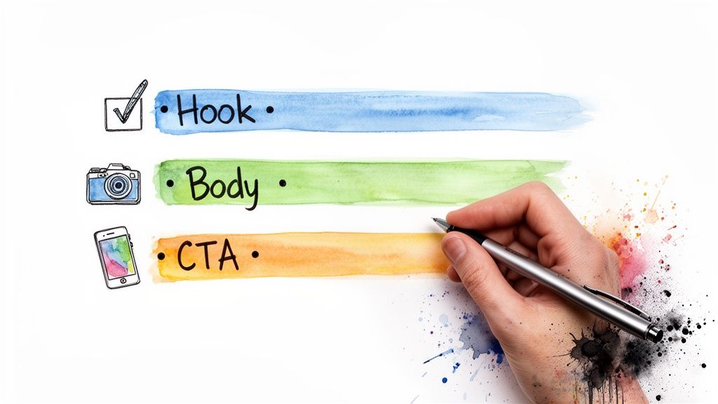 A hand writes a checklist for content creation steps: Hook, Body, CTA, with icons.