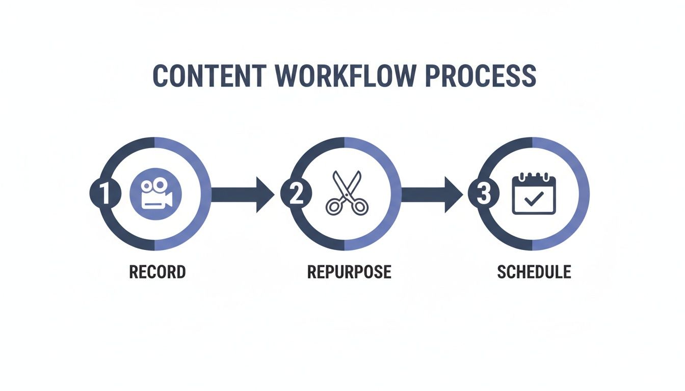 Infographic showing a three-step content workflow process: Record, Repurpose, and Schedule with icons.
