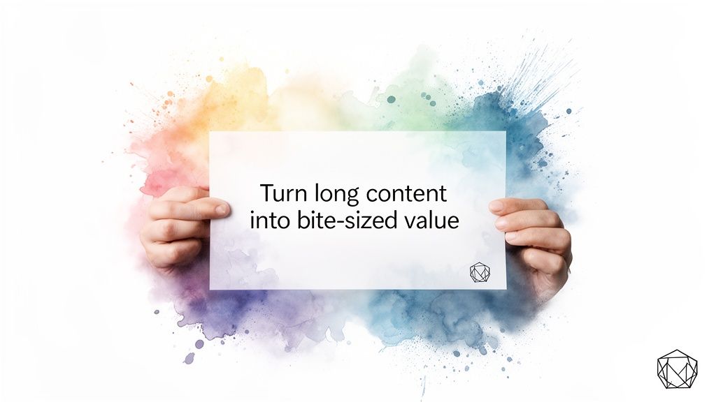 Hands holding a card with text 'Turn long content into bite-sized value' over colorful watercolor splashes.