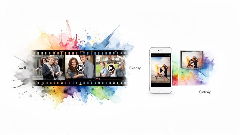 Vibrant image showing B-roll film strip and overlay videos on a smartphone and computer screen.