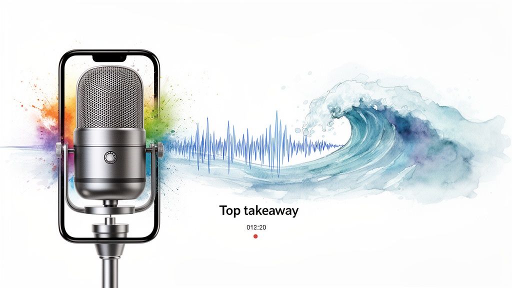 A smartphone displays a microphone, audio waveform, and a watercolor ocean wave, with text 'Top takeaway' and '012:20'.