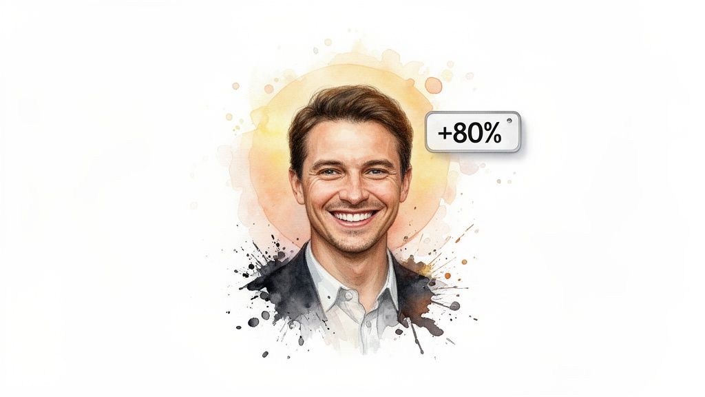 Watercolor portrait of a smiling man in a suit with paint splatters and a floating '+80%' sign.