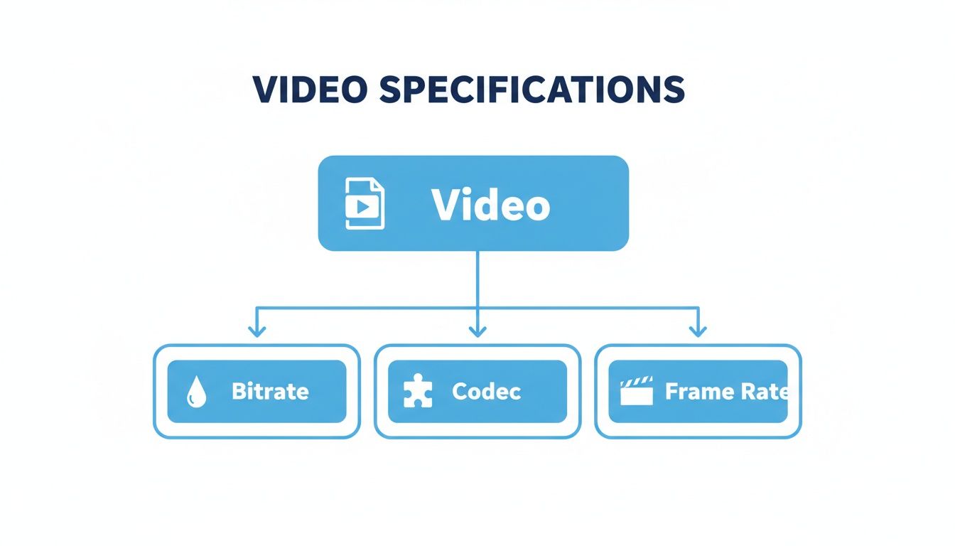 Flowchart illustrating video specifications, breaking down video into bitrate, codec, and frame rate.
