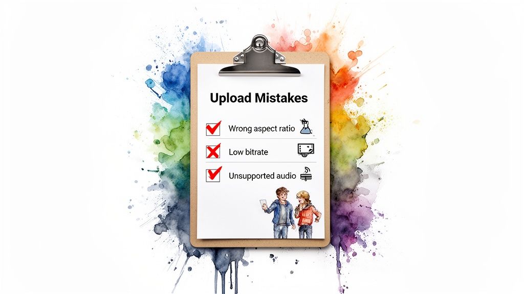 A clipboard displays an 'Upload Mistakes' checklist, highlighting issues like wrong aspect ratio and unsupported audio.